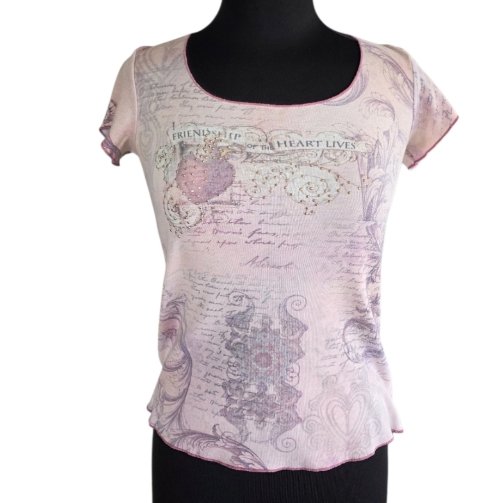 Vintage Y2K Shabby Chic Girlie Tee Apt 9 Petite M Pink Graphic Short Sleeve Top